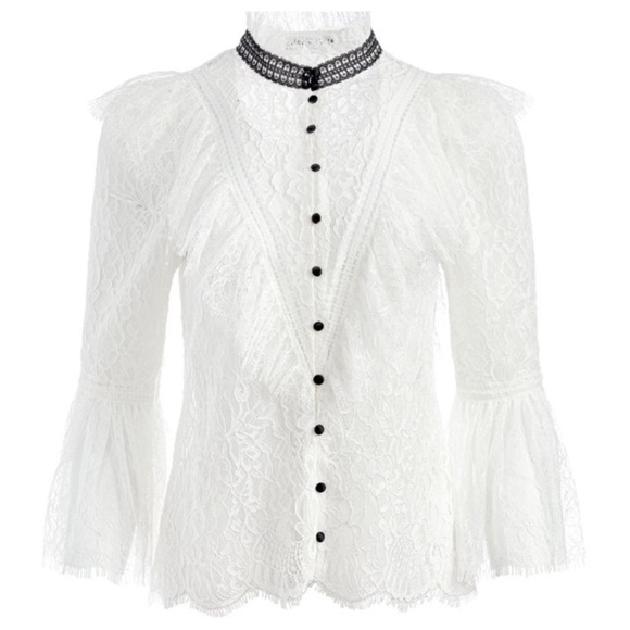 ALICE + OLIVIA Jessia Lace Button Front Blouse - Picture 2 of 13